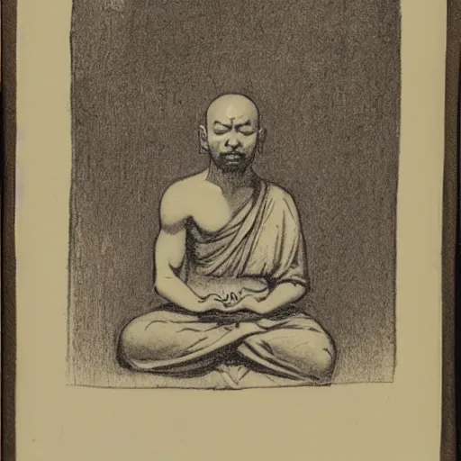 Prompt: sketch of a chibi monk meditating, etching by louis le breton, 1 8 6 9, 1 2 0 0 dpi scan