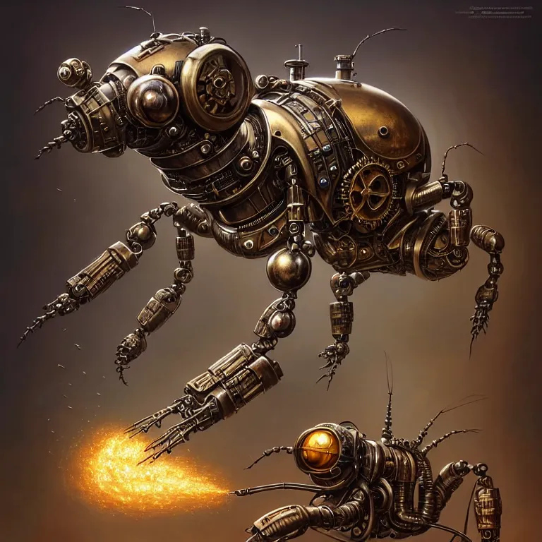 Image similar to steampunk robot ant, unreal engine realistic render, 8 k, micro detail, intricate, elegant, highly detailed, centered, digital painting, artstation, smooth, sharp focus, illustration, artgerm, tomasz alen kopera, peter mohrbacher, donato giancola, joseph christian leyendecker, wlop, boris vallejo