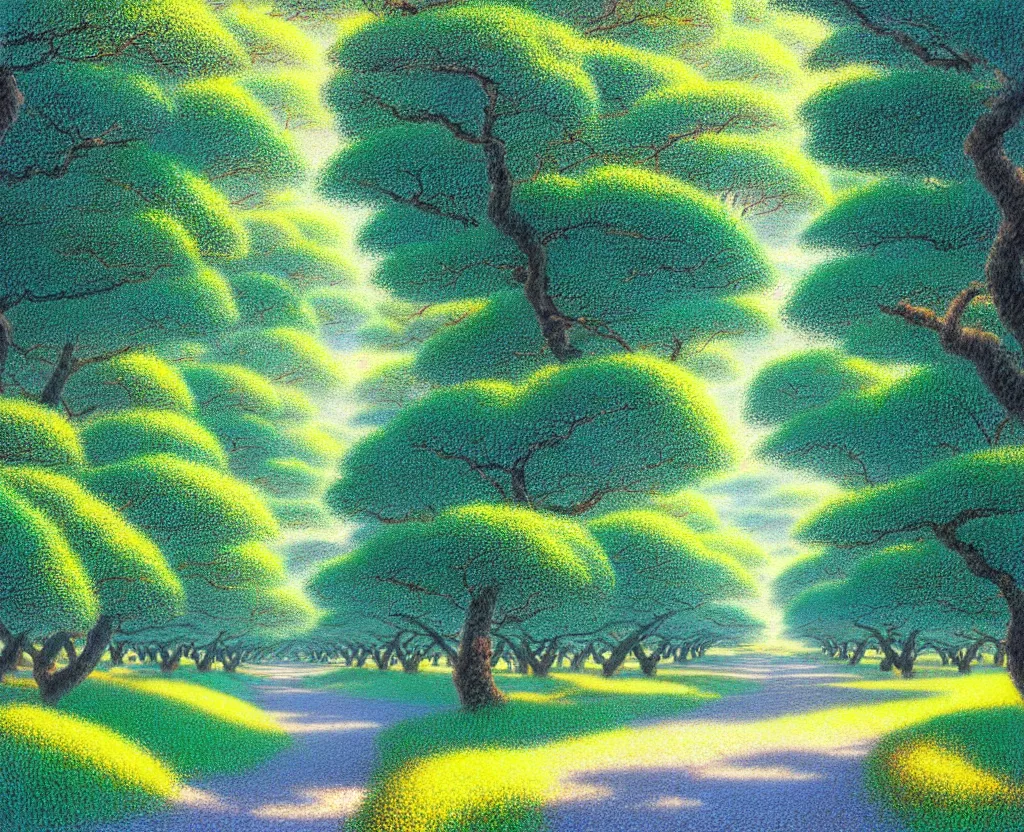 Image similar to a landscape pastel in the style of noriyoshi ohrai, mark tedin and bob ross of an orchard where all the trees are made of chrome metal. a path leads through th eorchard key art. 4 k retrofuturistic fantasy