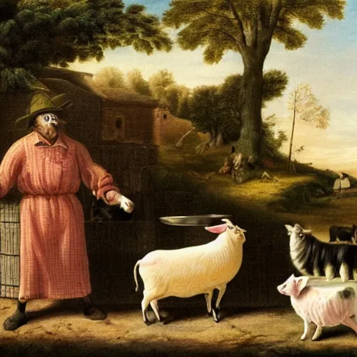 Image similar to butcher giving food to a cat, while being watched by a pig, a sheep, a chicken and a cow