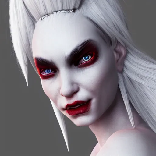 Image similar to a highly detailed portrait of a humanoid demon girl with white hair, red horns, in white clothes, artstation, deviantart, professional, unreal engine 5, photorealistic, digital art