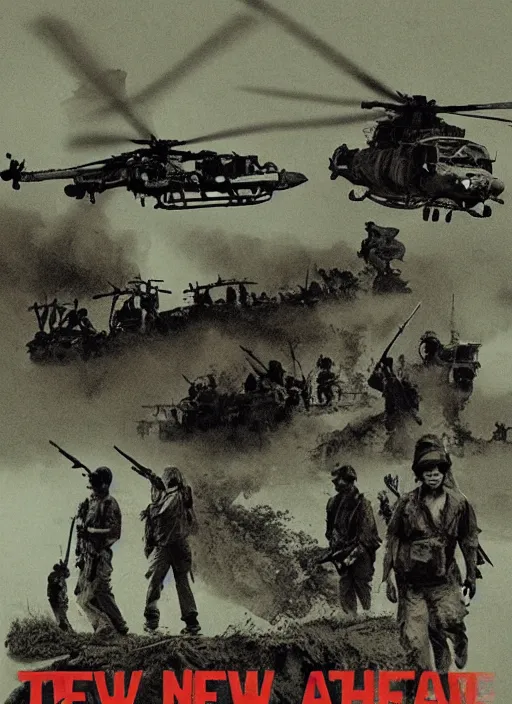 Prompt: new poster creative art for apocalypse now, martin sheen, vietnam war, soldier, river, trees, helicopters