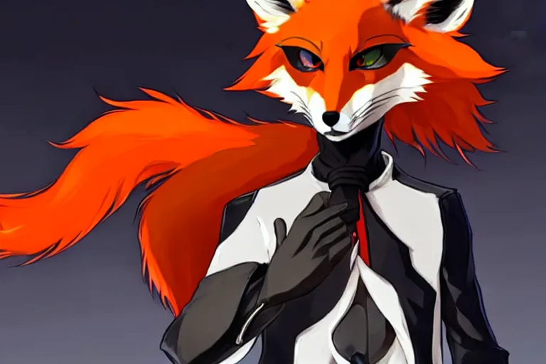 Image similar to a furry tan male fox on a persona 5 : royal ( by atlus ) video game splash screen, a furry male sandcolored tan fox fursona ( has hair ), persona 5 phantom thief style