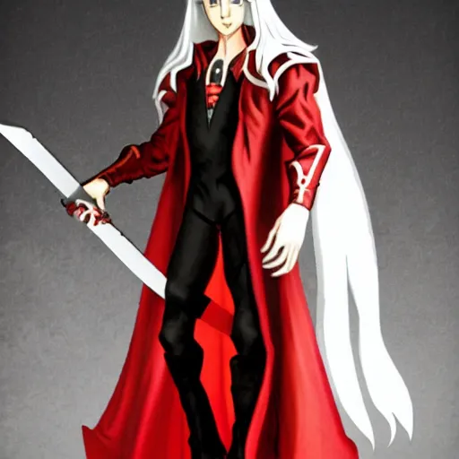 Image similar to alucard posing for a picture with a long sword