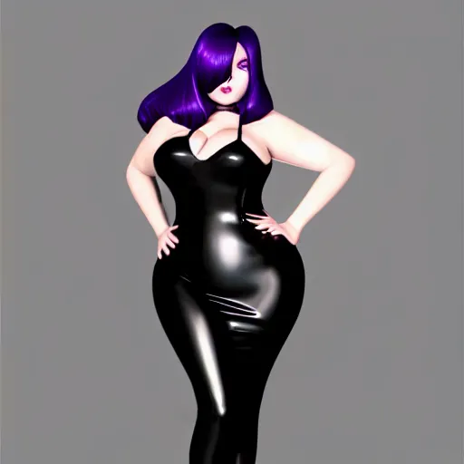 Image similar to curvy feminine hot goth cutie in a sublime elegant polished purple-black-silver latex neck-high gown with latex leggings, thin waist, cgsociety, photorealistic, comfy ambience, idealistic, 16k, smooth, sharp focus, trending on ArtStation, volumetric lighting, fully clothed, worksafe