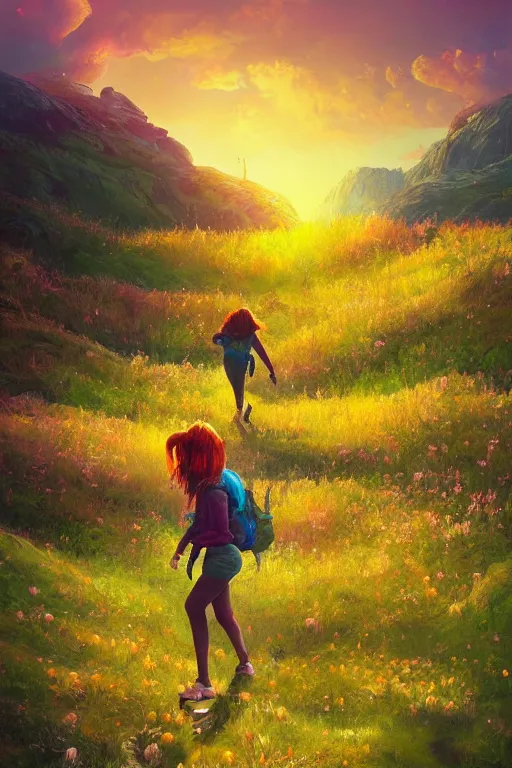 Image similar to giant daisy flower head, girl hiking in the mountains, surreal photography, sunrise, dramatic light, impressionist painting, colorful clouds, digital painting, artstation, simon stalenhag