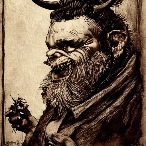 Prompt: devil horned portrait grandpop holding an apple engraved ink stamp aquatint etching intaglio antonio j. manzanedo michael kutsche waldemar von kozak 4k artstation wikiart wikipedia