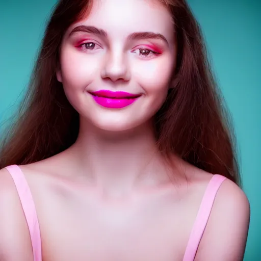 Prompt: gentle smile of a girl with light pink lipstick, close-up, color old photo, blur, soft shadows, volumetric light