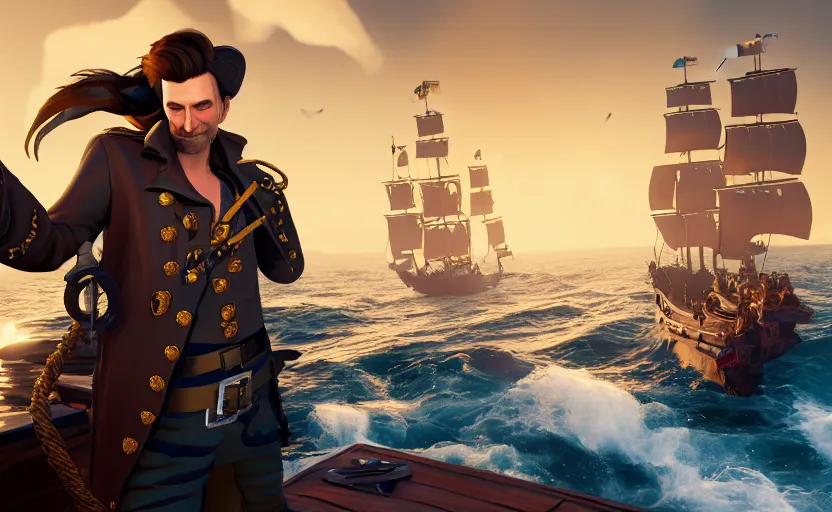 Image similar to david Tennant as a pirate on the ship in the Sea of thieves, long shot, epic composition, ultra detailed,, trending on Artstation, 8k, game screenshot, wallpaper, hyperrealistic