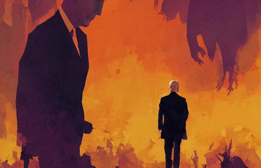 Image similar to Joe Biden casts a long shadow, by Greg Rutkowski and Dave McKean orange and purple color palette