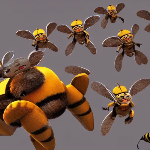 Prompt: A giant bee fighting a bunch of tiny bears, digital art, concept art, 3d animated