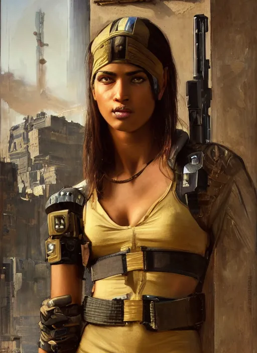 Image similar to buff Sophia. beautiful cyberpunk soldier wearing a military vest and military jumpsuit (cyberpunk 2077). gorgeous african face. Iranian orientalist portrait by john william waterhouse and Edwin Longsden Long and Theodore Ralli and Nasreddine Dinet, oil on canvas. Cinematic, hyper realism, realistic proportions, dramatic lighting, high detail 4k