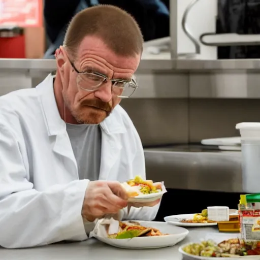 Prompt: autistic looking Walter White eating lunch alone in the cafeteria