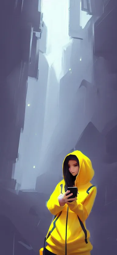 Prompt: a vtuber model concept art of a beautiful girl in a black and yellow hoodie, front view typing in an iphone, artstation, digital art, commission art, style by jordan grimmer and greg rutkowski, 4 k resolution
