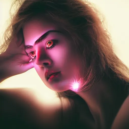 Prompt: photo of beautiful young woman, medium close up, with a cyberpunk camera lens placed over right eye, and robotic implants over face with small led lights, white background, fine art photography in the style of Bill Henson