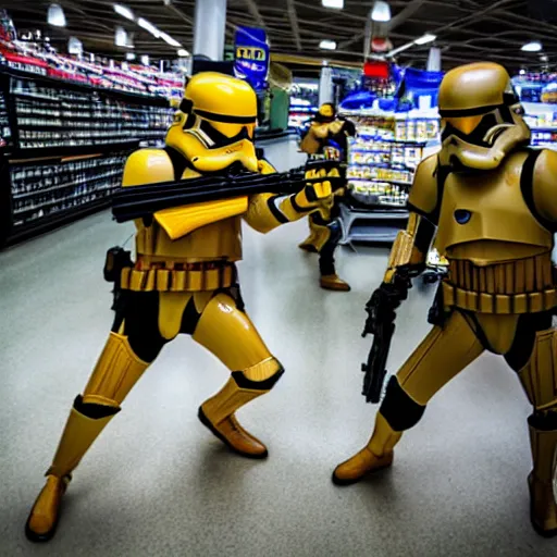 Prompt: Star wars troopers fighting with bananas in a supermarkets fish area, the star wars troopers try shooting and hitting other troopers with bananas, high perspective inside the store, high field of view, 40nm lens, split lighting, 4k,