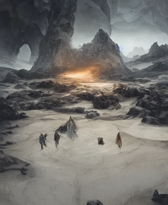 Image similar to surreal epic, masterpiece, romantic prometheus white exploration base, ancient ochre palette, impossible architecture by ruan jia, mecha floor, futuristic, blame, white architecture in the beach in iceland, foggy, highly detailed, digital painting, arstation, concept art, hyperealistic octane render, unreal engine