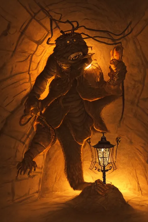 Prompt: a close - up view of an old - fashioned explorer holding a lamp in front of him in a dark tunnel, with an enormous monstrous spider behind him, dramatic lighting, low angle, wide angle, fantasy art, highly detailed digital art