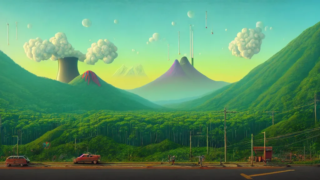 Prompt: Nuclear Nature Solarpunk harmony; the mountains and city are towered over by giant nuclear power plants covered with foliage; by Oswaldo Moncayo; by Simon Stålenhag, oil on canvas; Art Direction by James Cameron; Location: Quito Ecuador 4K, 8K; Ultra-Realistic Depth Shading