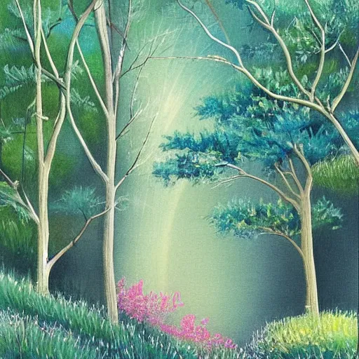 Prompt: A illustration of a beautiful landscape, delicate brushstrokes. peaceful & serene, with a gentle breeze blowing through the trees & flowers. colors are muted & gentle, calm & tranquility. well balanced & harmonious. color & composition, pleasing to the eye & calming to the soul. rainbow by Ed Emshwiller ornamented, exciting