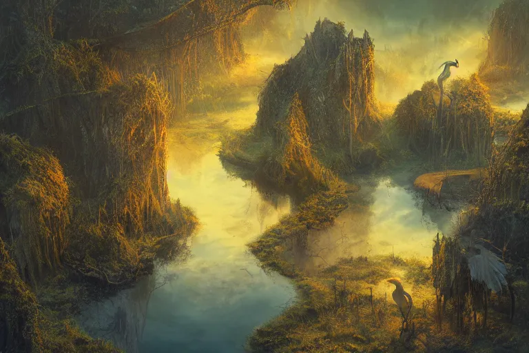 Prompt: aerial view, fantasy painting, dungeons and dragons, a faerie village hovels, swamp reeds wetland marsh sunset estuary, with ominous shadows, an egret by jessica rossier and brian froud cinematic painting