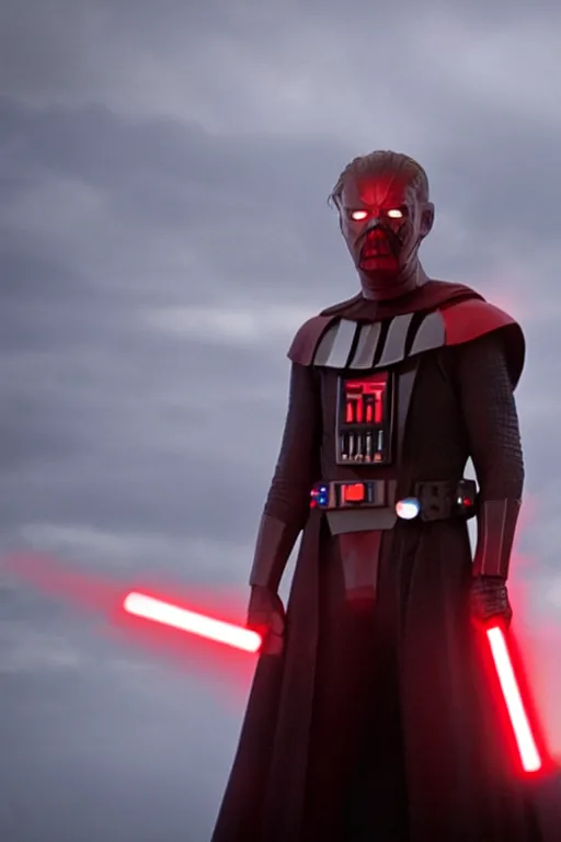 Image similar to tom holland as a sith in a new star wars film, 3 5 mm photography, highly detailed, cinematic lighting, standing pose, holding lightsaber 4 k