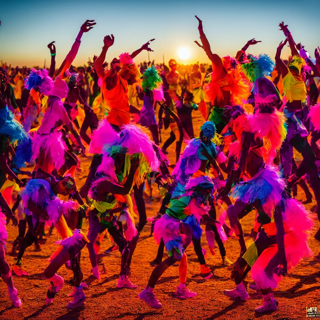Prompt: colourful techno dancers at festival in the desert, on the edge of a forest, doof, clean, celebration, party, night time australian outback, XF IQ4, 150MP, 50mm, F1.4, ISO 200, 1/160s, sunset