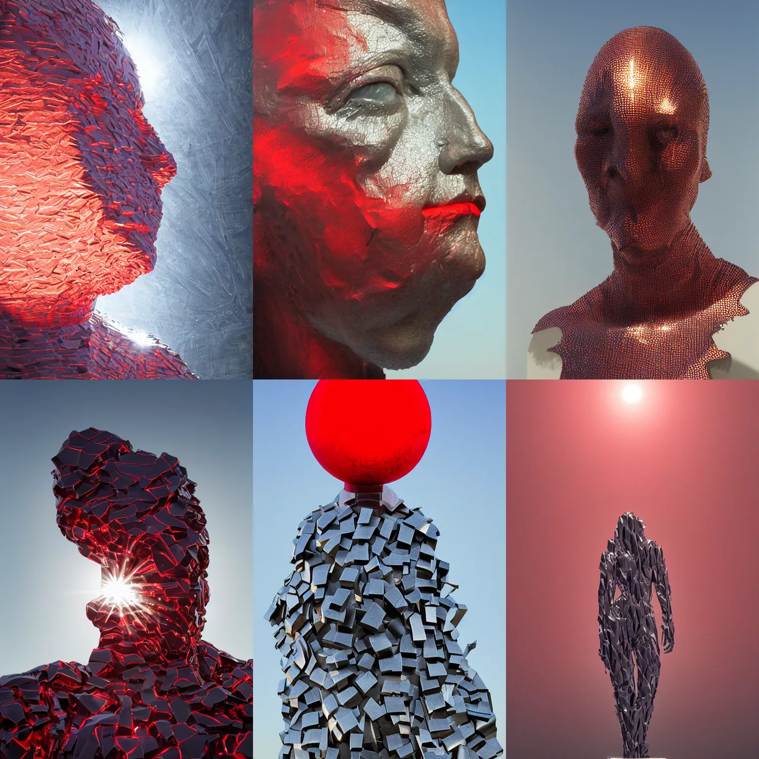 Prompt: realistic 8k Louise Bourgeois Sculpture of random jagged reflective metal pieces forming the shape of a person silhouetted by a bright red sun, volumetric god rays, glinting metal, neon colors, cyberpunk, smooth, sharp focus, 24mm lens, DOF, hyper realistic, art by Greg Rutkowski and Ruan Jia and Giger