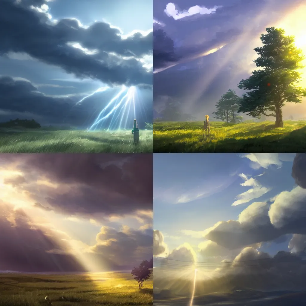 Prompt: Rivendel by Makoto Shinkai, concept art, sun shining through clouds, thunder clouds, crepuscular rays, trending on art station, 8k
