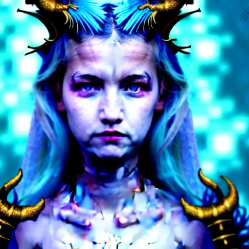 Image similar to The dragon girl portrait, portrait of young girl half dragon half human, dragon girl, dragon skin, dragon eyes, dragon crown, blue hair, long hair, highly detailed, cinematic lighting, Matte painting by David Lynch