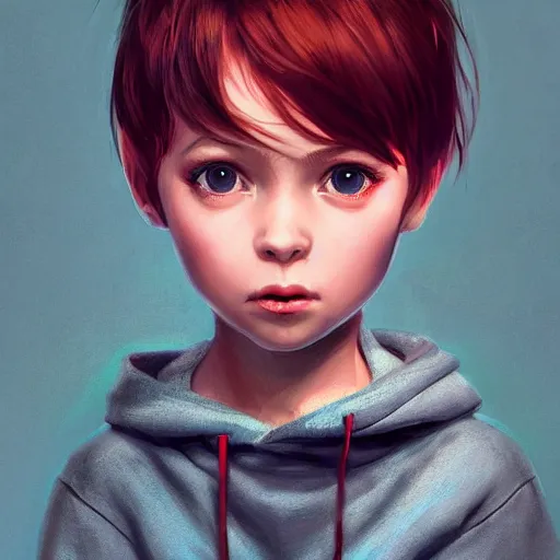 Image similar to a cute tiny girl with short red hair wearing a hoodie, digital art, very beautiful face, pretty face, very detailed eyes, full body illustration, 8 k resolution, soft painting, by greg rutkowski, wlop, rossdraws,