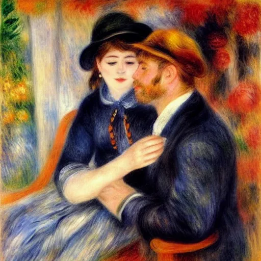 Image similar to art by renoir, real lgbt love, people wearing clothes