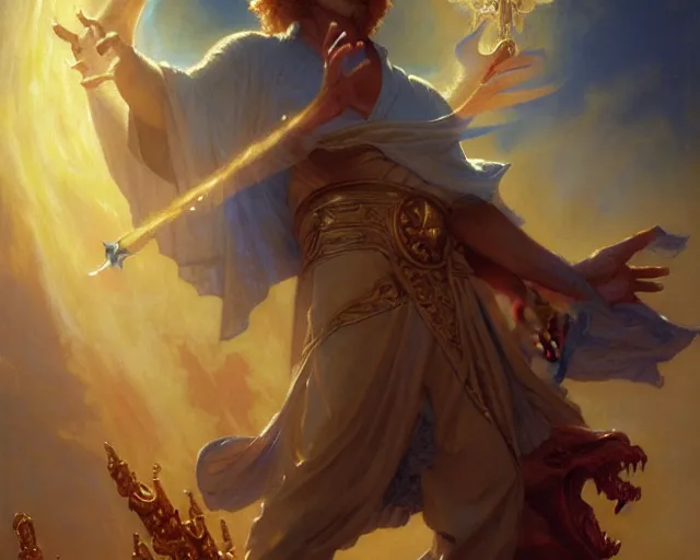 Image similar to attractive male deity, casting demonic magic, summoning handsome lucifer morning star. highly detailed painting by gaston bussiere, craig mullins, j. c. leyendecker 8 k