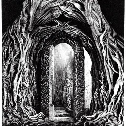Prompt: the entrance of tartarus, ornate, ominous, weapons, mossy, lava, underworld, low angle, warped drive through the gates of hell, reality of non - euclidean eldritch geometric biomechanical taxonomic forms by rodin, hr giger, ernst haeckel, mc escher and junji ito.