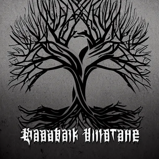 Image similar to black metal band logo, unreadable text, metal font, looks like a tree silhouette, horizontal