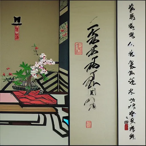 Image similar to “ tatami room, ikebana, traditional japanese scroll art with summer theme ”