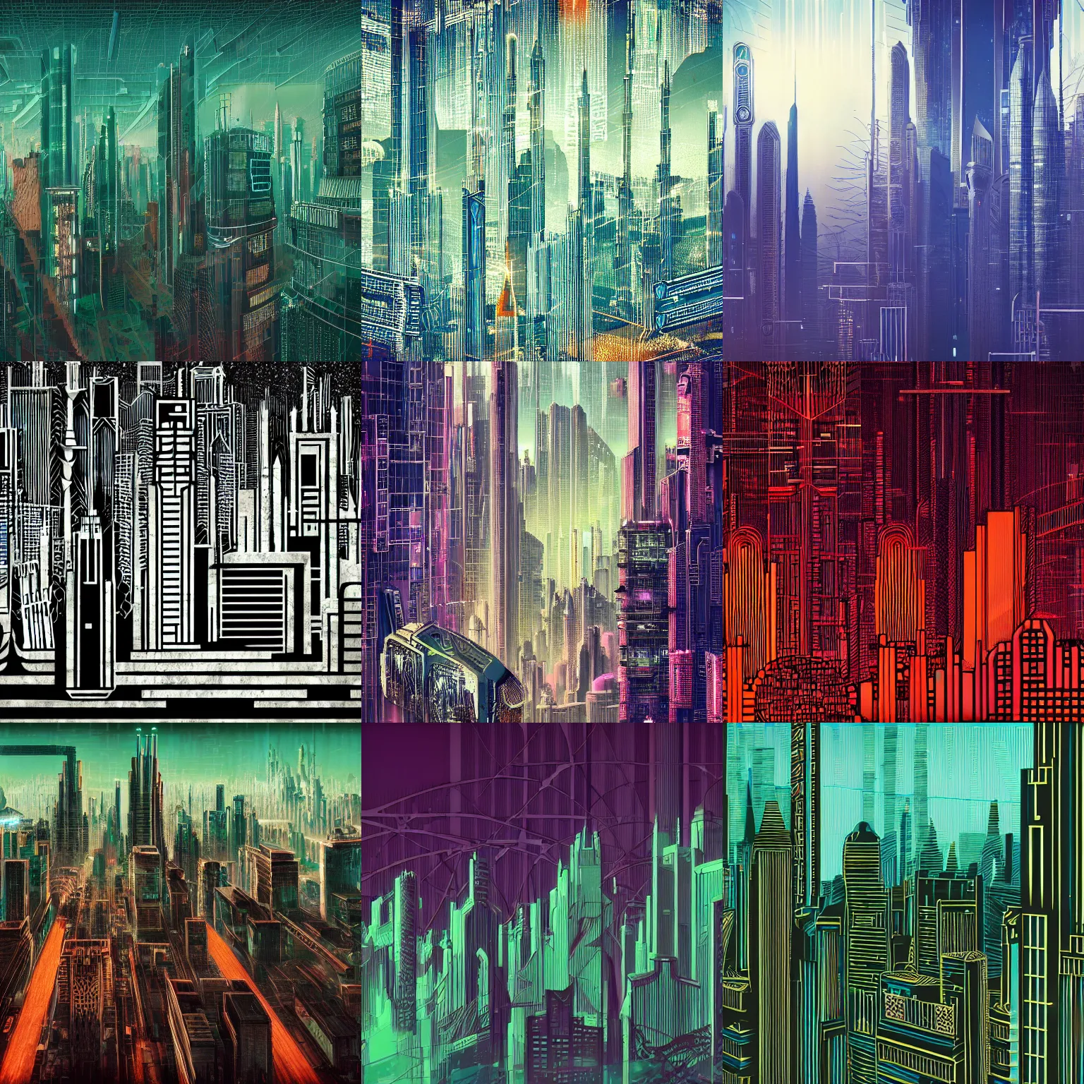 Prompt: detailed photo of a humanist cyberpunk Art Deco skyline with a forest