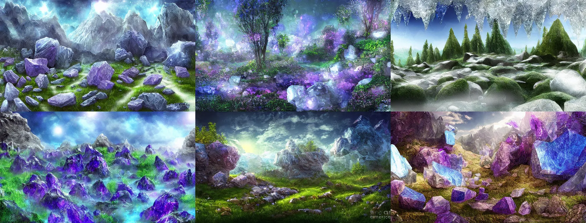Prompt: beautiful landscape with huge crystals jutting out of the ground, digital art