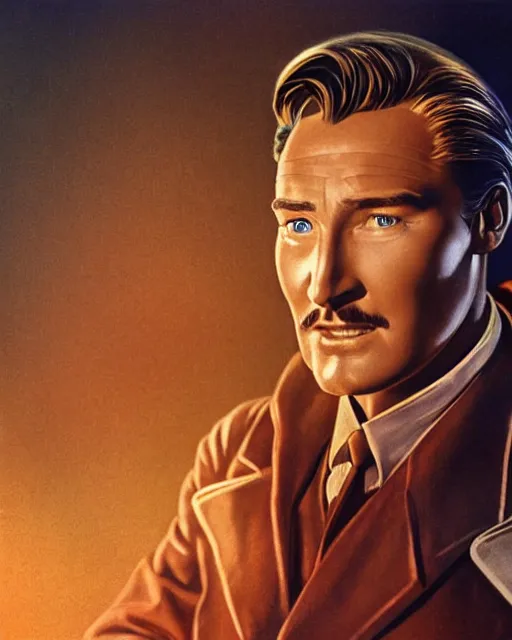 Image similar to Errol Flynn as a scientist. 1980s dystopian Soviet Russia, propaganda screens. Unreal engine, fantasy art by Betty Jiang. Faithfully depicted facial expression, perfect anatomy global illumination, radiant light, detailed and intricate environment