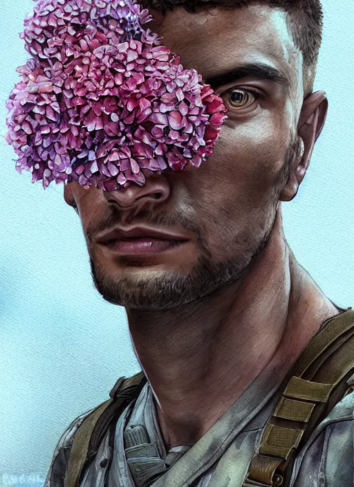 Image similar to handmade character portrait of a serious american soldier man, flowers growing on him, amaratyllis, hydrangea, chrysanthemum, hyacinth, in the style of artgerm and enki bilal and bastien lecouffe - deharme, wlop, line art, watercolor, cinematic lighting, hyperdetailed, hyperrealistic