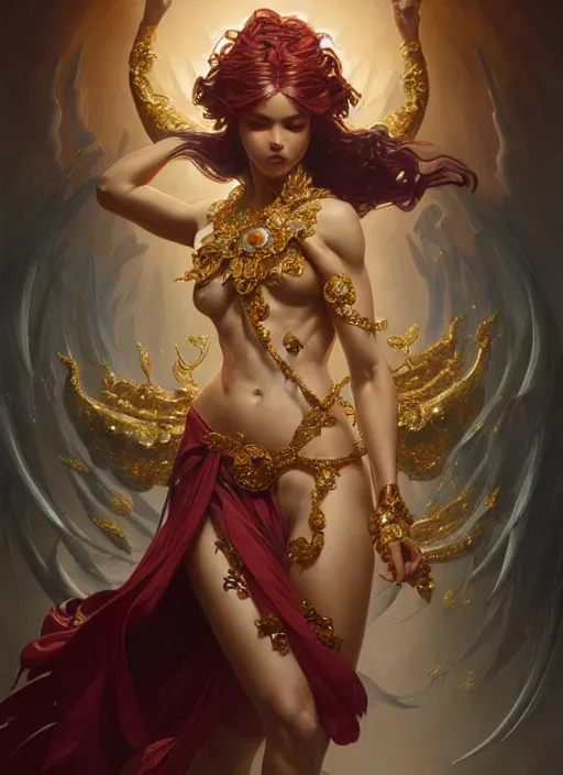 Prompt: strong and powerful goddess dancer of the underworld, shiny, intricate, elegant, highly detailed, ultra definition, digital painting, artstation, vray, concept art, smooth, high speed photography, illustration, art by artgerm and greg rutkowski and alphonse mucha and james jean
