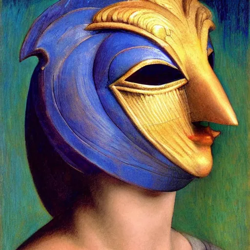 Image similar to the last guest in her Art Deco bird mask, by Annie Swynnerton and Diego Rivera, symbolist, dramatic lighting, elaborate geometric ornament, god rays, soft cool colors,smooth, sharp focus, extremely detailed, Adolf Wölfli