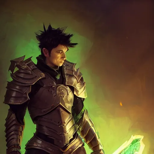 Prompt: male with black short hair and green eyes wearing paladin armor by Greg Rutkowski, Sung Choi, Mitchell Mohrhauser, Maciej Kuciara, Johnson Ting, Maxim Verehin, Peter Konig, final fantasy , mythical, 8k photorealistic, cinematic lighting, HD, high details