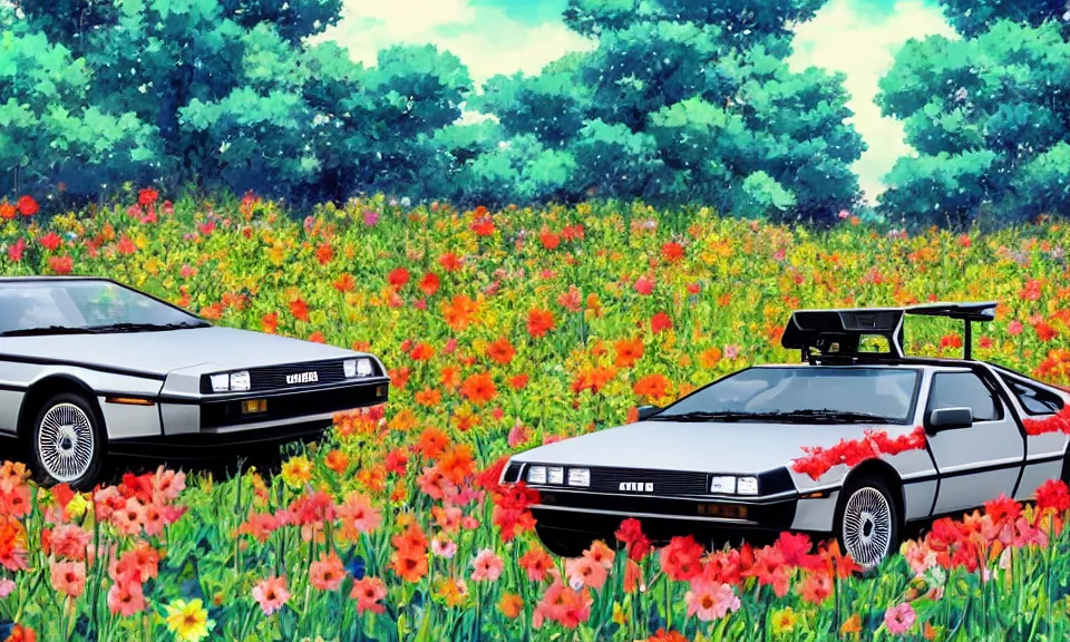 Image similar to a delorean standing in a flower field, anime style