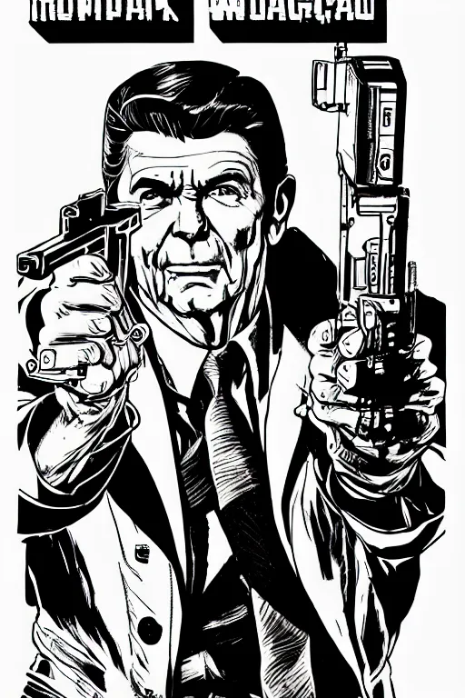 Image similar to ronald reagan holding a pistol, a page from cyberpunk 2 0 2 0, style of paolo parente, style of mike jackson, adam smasher, johnny silverhand, 1 9 9 0 s comic book style, white background, ink drawing, black and white, colouring pages