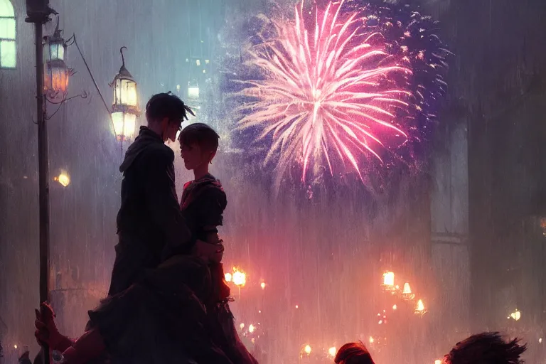 Image similar to two people find love at the witchlight carnival travelling temporary small amusement park, fireworks romantic, night time, high octane filter, 8 k, highly detailed, digital painting, concept art, matte, art by ruan jia and wlop and greg rutkowski and makoto shinkai, masterpiece