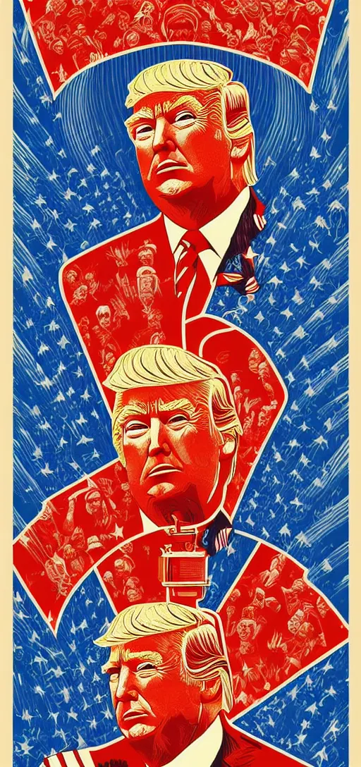 Image similar to donald trump trumpwave apotheosis poster in the style of communist russian propaganda art and alex grey, with bold colors and contrast, patriotic, red white and blue, nationalist, stoic, heroic