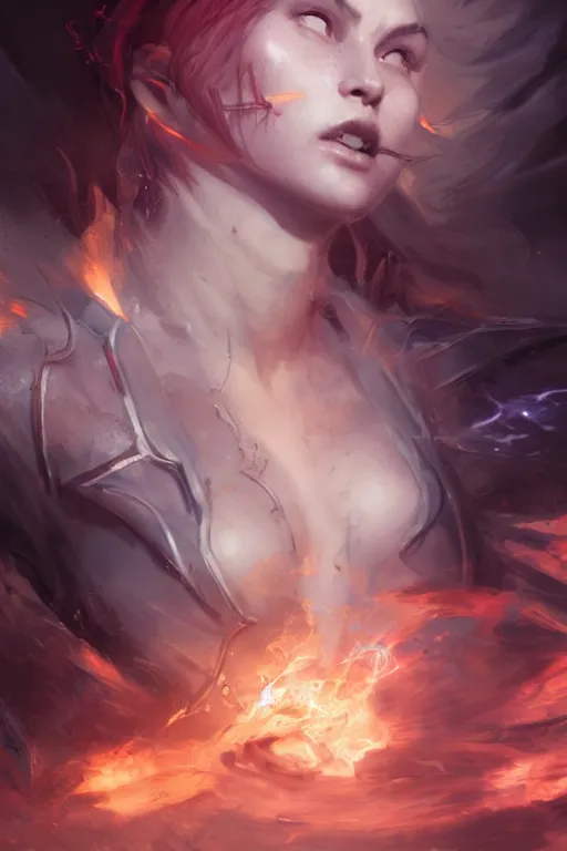 Prompt: torso closeup beautiful girl necromancer, witch, storm clouds, thunder in hands, casting spell, angels, 3 d render, hyper - realistic detailed portrait, holding fire and electricity, ruan jia, wlop. scifi, fantasy, magic the gathering, hyper detailed, octane render, concept art, peter mohrbacher