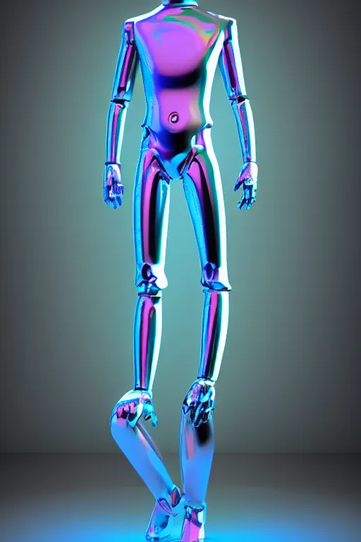 Image similar to 3d render of holographic human robotic made of glossy iridescent, full body robot, full body render, surrealistic 3d illustration of a human non-binary, non binary model, 3d model human, cryengine, made of holographic texture, holographic material, holographic rainbow, concept of cyborg and artificial intelligence