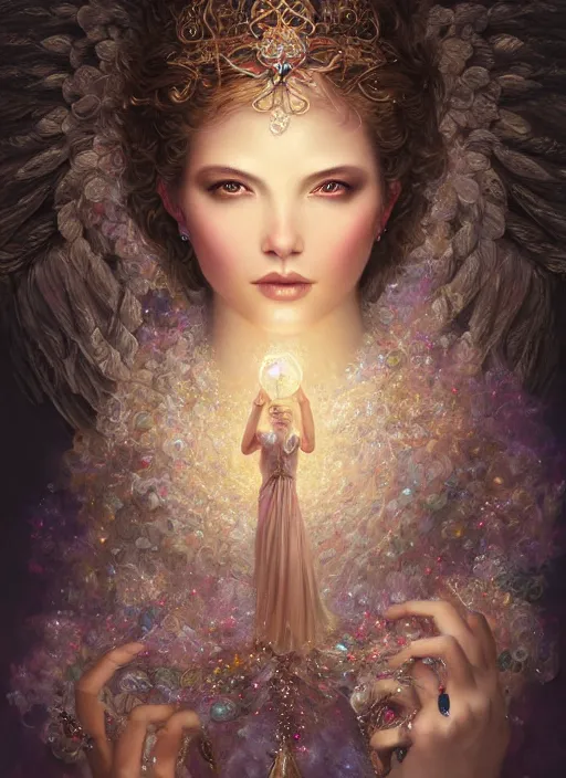 Image similar to A beautiful digital painting of a female angel full of jewels, princess, the moon behind her, intricate, cinematic lighting, highly detailed, digital painting, Artstation, concept art, smooth, sharp focus, illustration, art by Tom Bagshaw, Artgerm and Greg Rutkowski